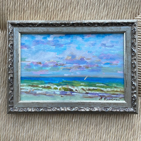 Original Painting signed Seascape with sailboat oil on board